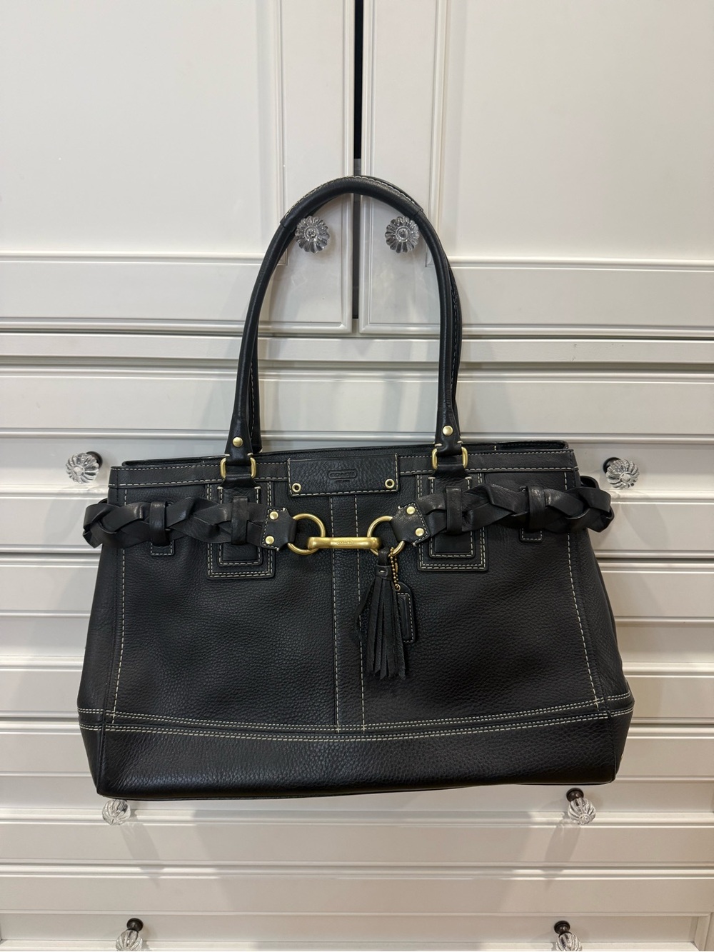 Coach Black Leather Tote with Braided Trim and Gold-Tone Hardware